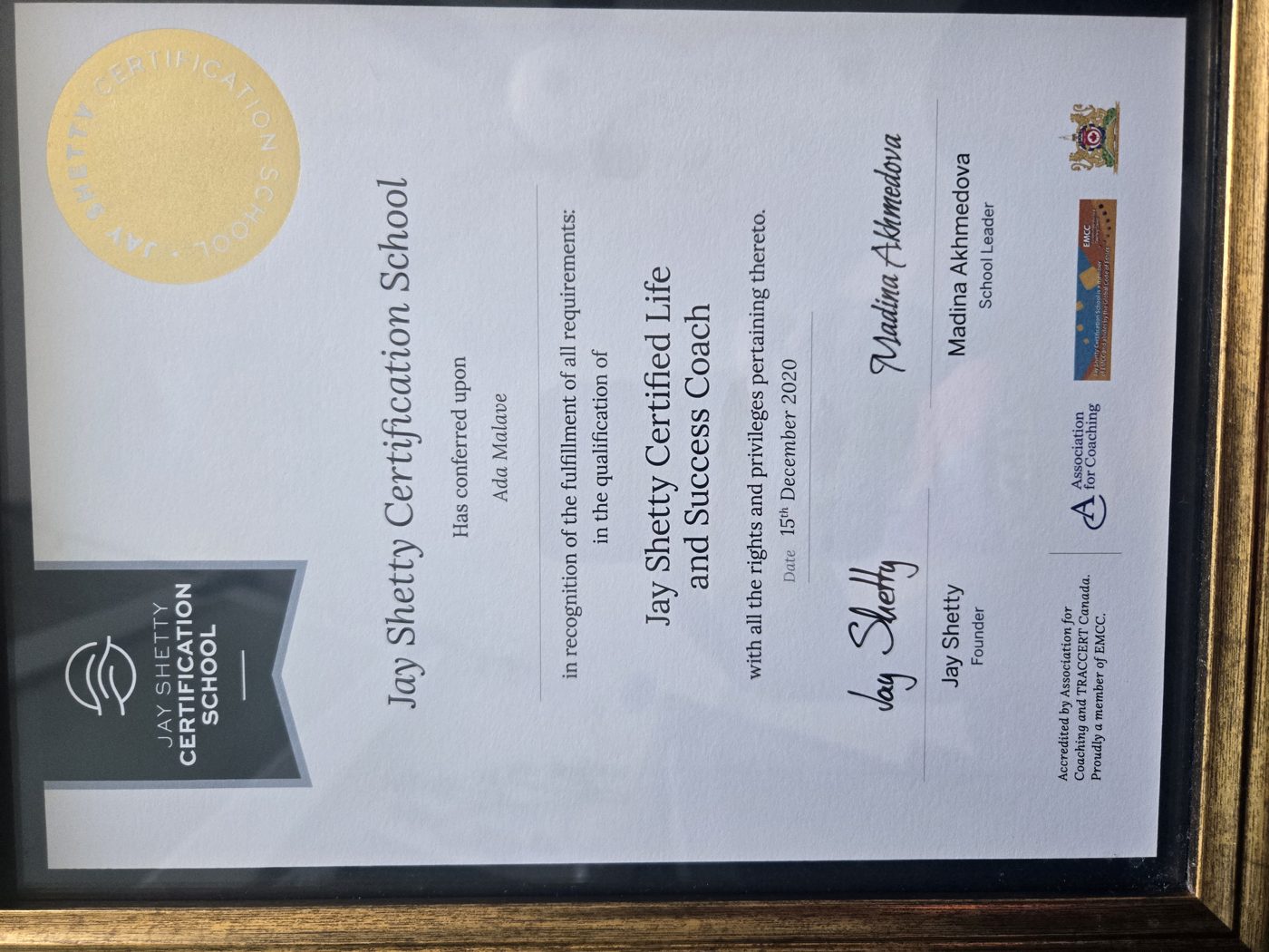 Ada Malave's Jay Shetty Certification School certificate, December 2020
