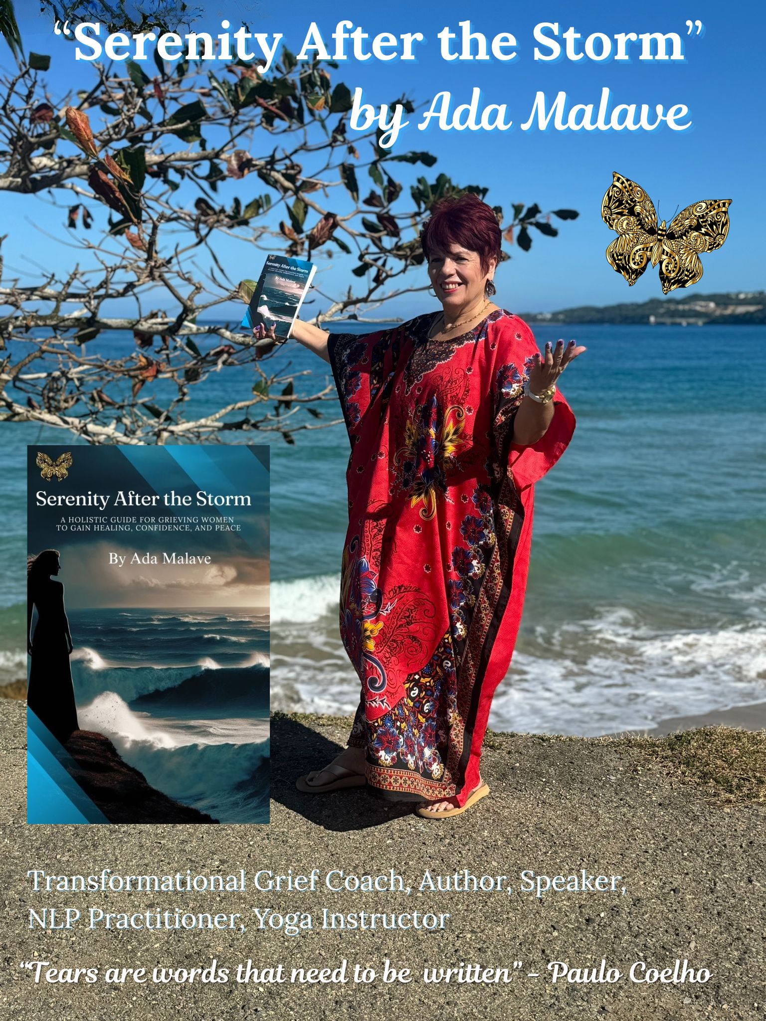 Ada Malave by the sea holding her book Serenity After the Storm